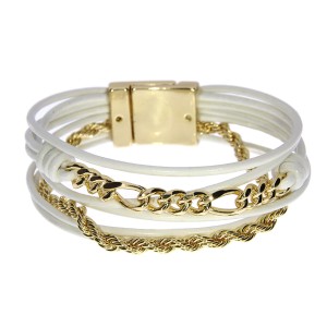 Biała bransoletka ze skórzanych rzemyków i pozłacanej stali szlachetnej